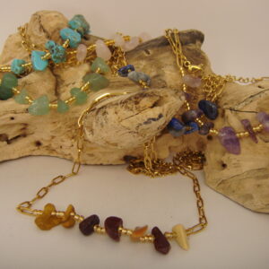 Collier acier doré & pierres baroques, réglable chaînette