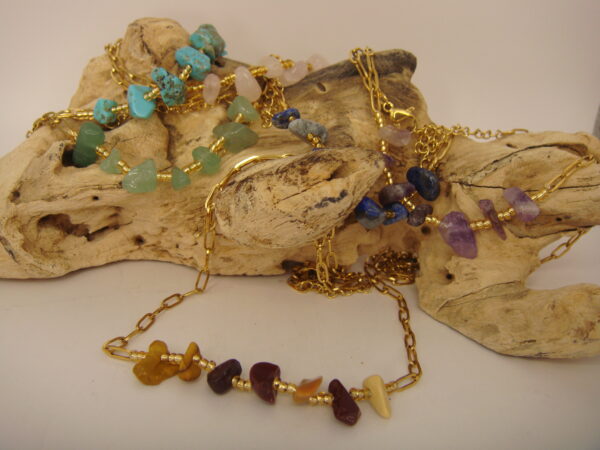 Collier acier doré & pierres baroques, réglable chaînette