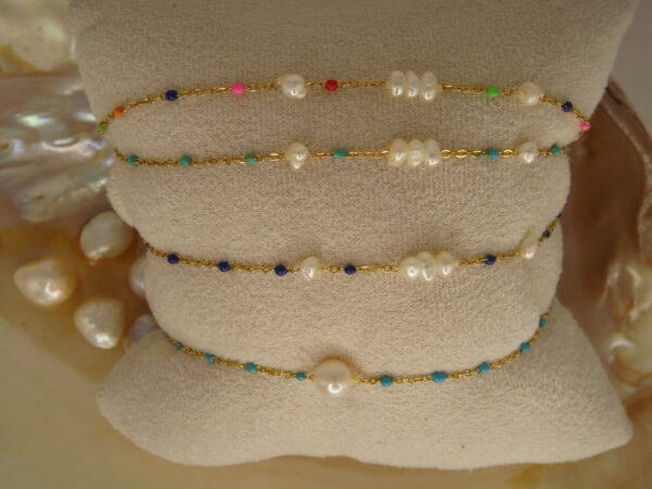 Bracelet fin acier & perles d'eau douce, réglable chaînette