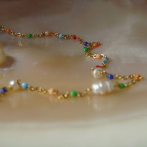 Collier acier doré fin & perles d'eau douce, réglable chaînette