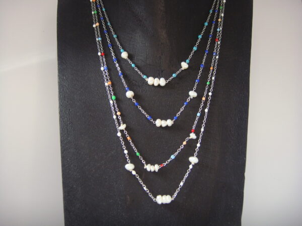 Collier fin acier argenté & perles d'eau douce, réglable chaînette