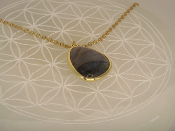 Collier acier & pierre naturelle de Labradorite, réglable chaînette – Image 2