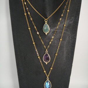 Collier acier & pierre en facettes en forme de goutte, réglable chaînette